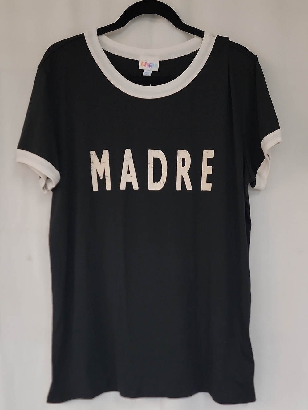 LuLaRoe Black Ringer Tee with White 'MADRE' Graphic